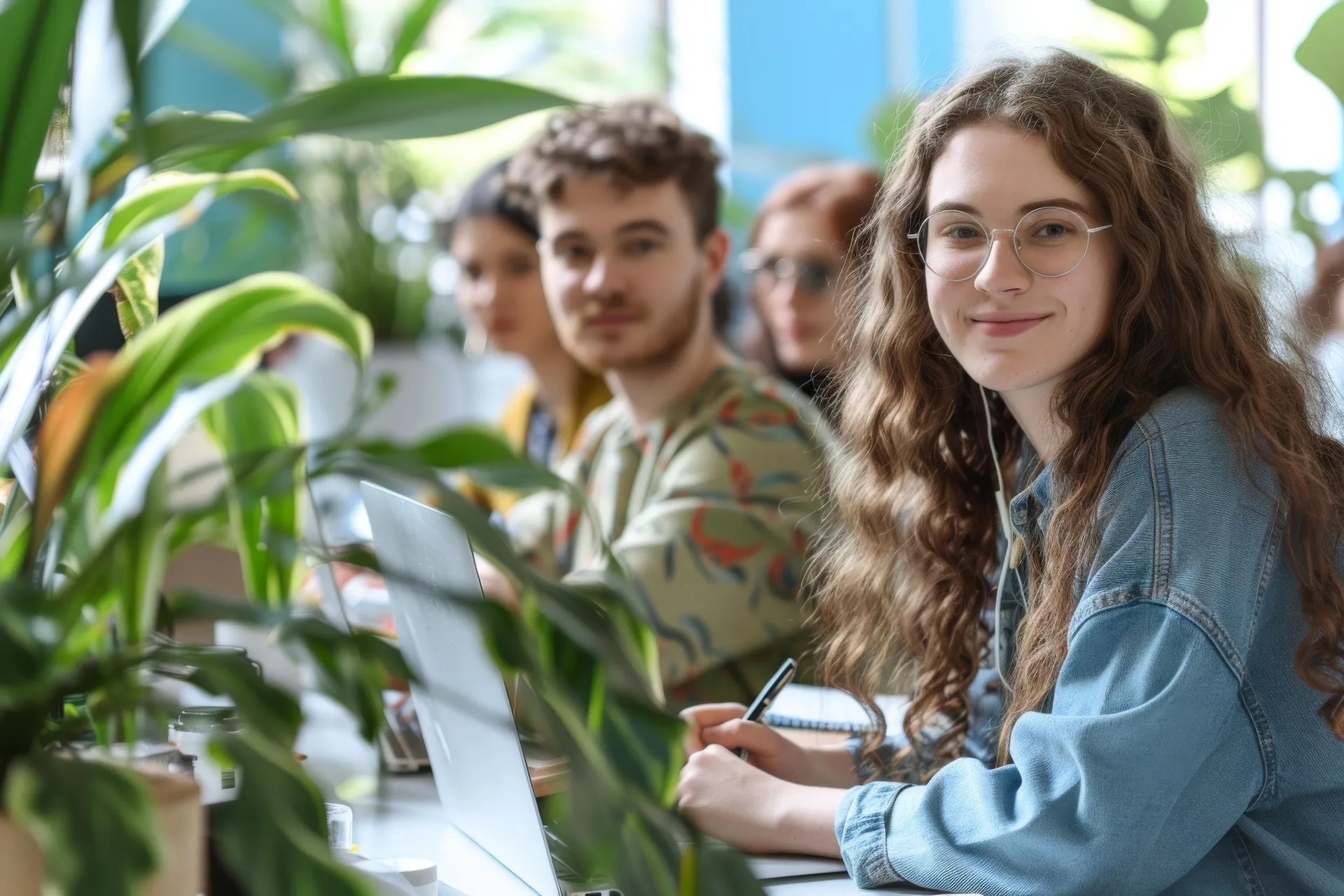 A smiling young woman with curly hair and glasses sitting at a laptop in a bright, plant-filled office with colleagues in the background.