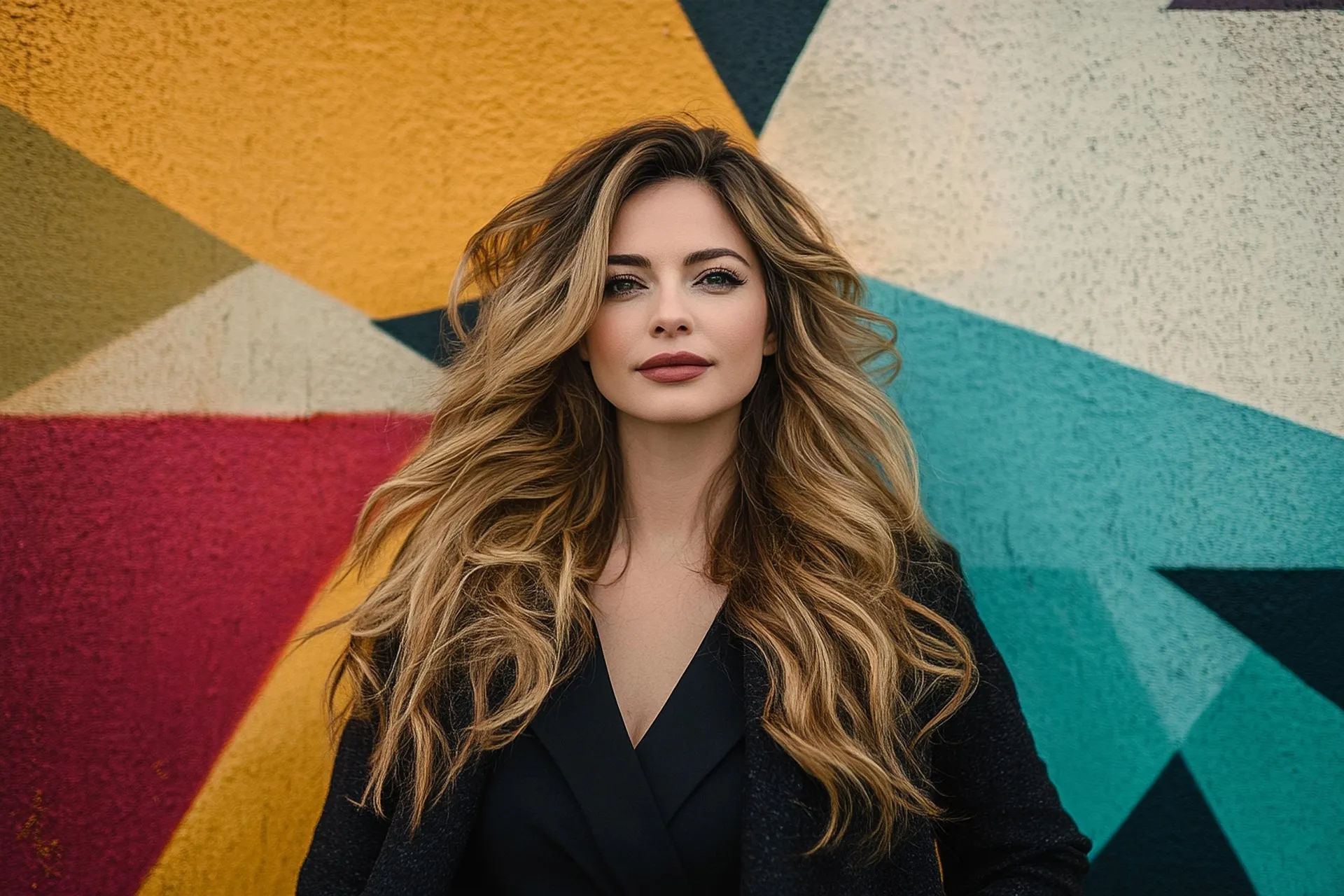 A confident woman with long wavy hair standing in front of a vibrant, geometric colorful mural, representing the art of making an impression.