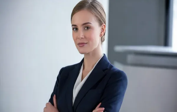 A young woman in a sharp navy blue blazer and white blouse standing with arms crossed, looking at the camera with a confident and approachable expression in an office setting.
