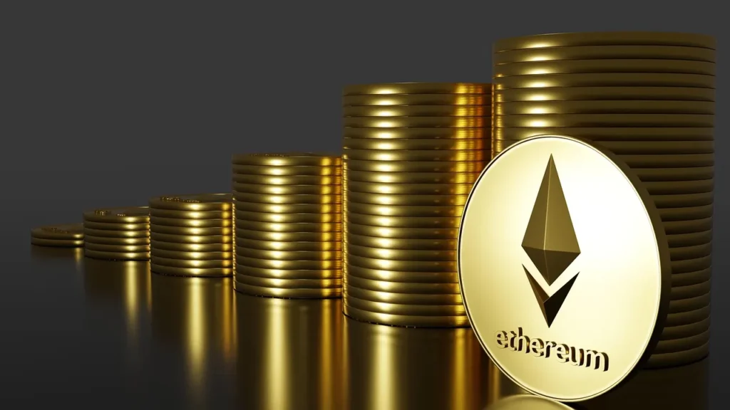 A prominent gold Ethereum coin in the foreground with increasing stacks of generic gold coins in the background, visually representing growth and value in Staking Cryptocurrency.