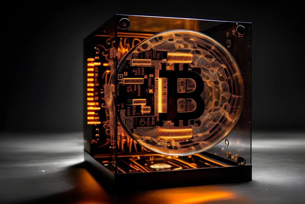 A glowing, gold Bitcoin symbol encased in a transparent, high-tech glass cube with internal circuitry and amber lighting, representing digital security and cryptocurrency technology.