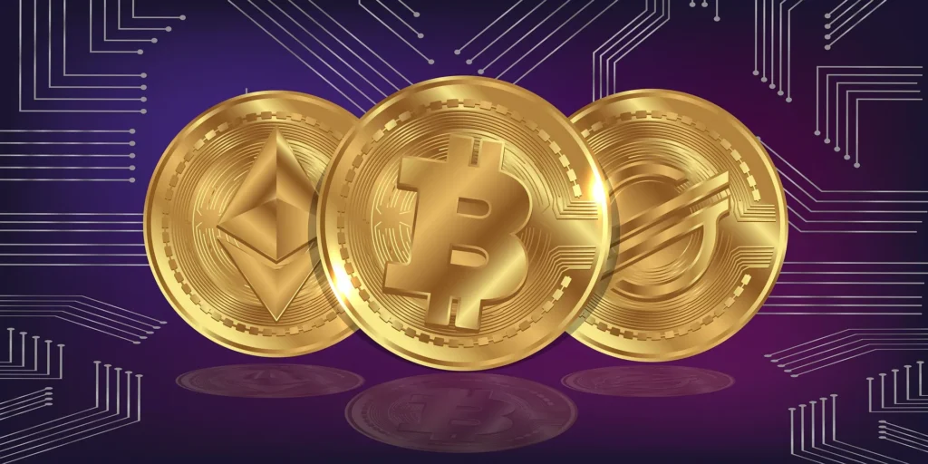 Three gold physical cryptocurrency coins—Ethereum, Bitcoin, and Stellar—resting on a purple digital circuit board background, representing digital assets used in online crypto gambling.