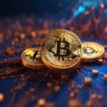 Three gold physical Bitcoin coins resting on a glowing blue and copper digital circuit board background, representing cryptocurrency technology.