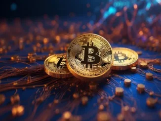 Three gold physical Bitcoin coins resting on a glowing blue and copper digital circuit board background, representing cryptocurrency technology.