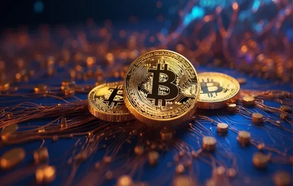 Three gold physical Bitcoin coins resting on a glowing blue and copper digital circuit board background, representing cryptocurrency technology.