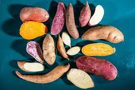 Sweet potatoes of various colors: orange, white, purple, and red