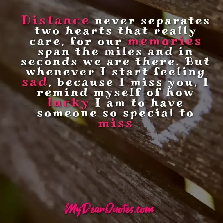Long distance love quote: Distance never separates two hearts that really care, featuring a heart drawn on wooden planks.