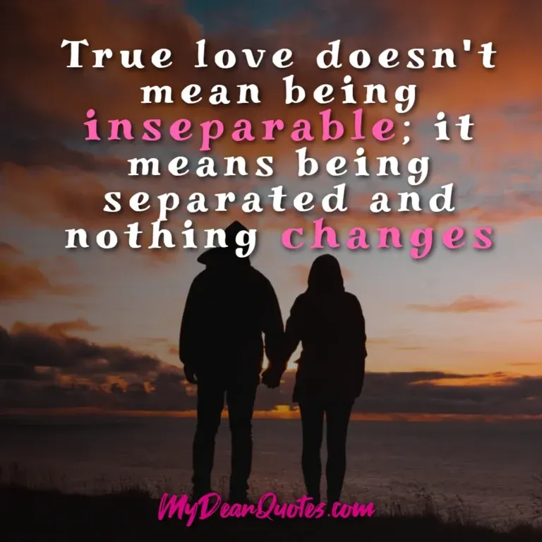 Long distance love quote: True love doesn't mean being inseparable; it means being separated and nothing changes, featuring a silhouetted couple holding hands at sunset.