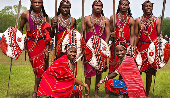 Kenyan people - Maasai warriors in red shukas, beadwork crafts