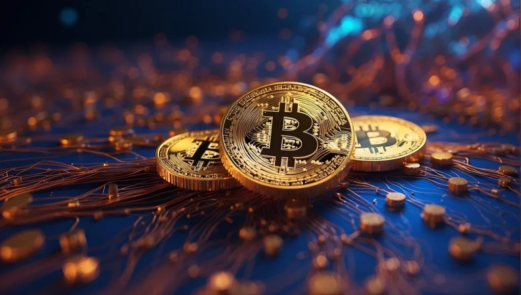 A close-up, shallow depth-of-field image of several gold-colored Bitcoin coins resting on a futuristic, glowing blue circuit board or network, with abstract light trails in the background, symbolizing the digital and interconnected nature of cryptocurrency.