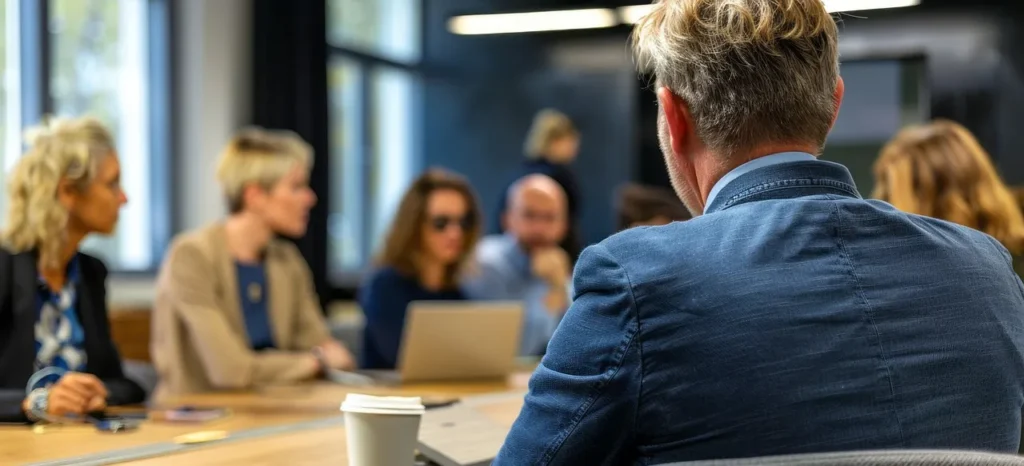 A group of professionals gathered around a conference table in an office, attentively listening to a speaker, representing an exclusive investment seminar or expert-led business meeting.