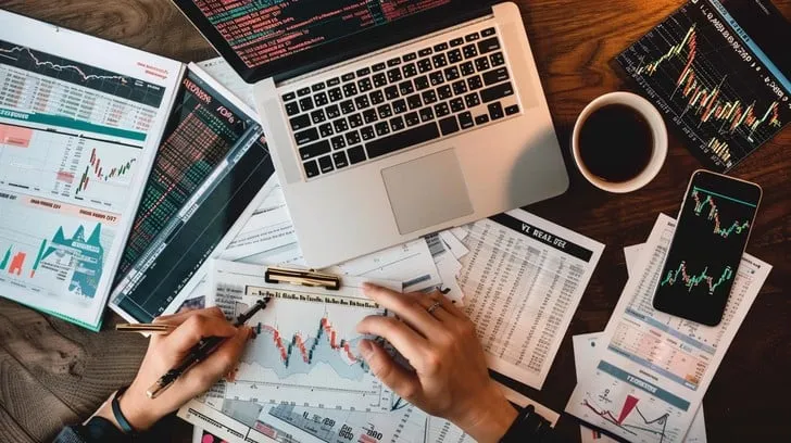 A top-down view of a person's hands analyzing financial charts with a pen, surrounded by a laptop displaying a trading graph and a smartphone with another chart, representing online investing strategies.