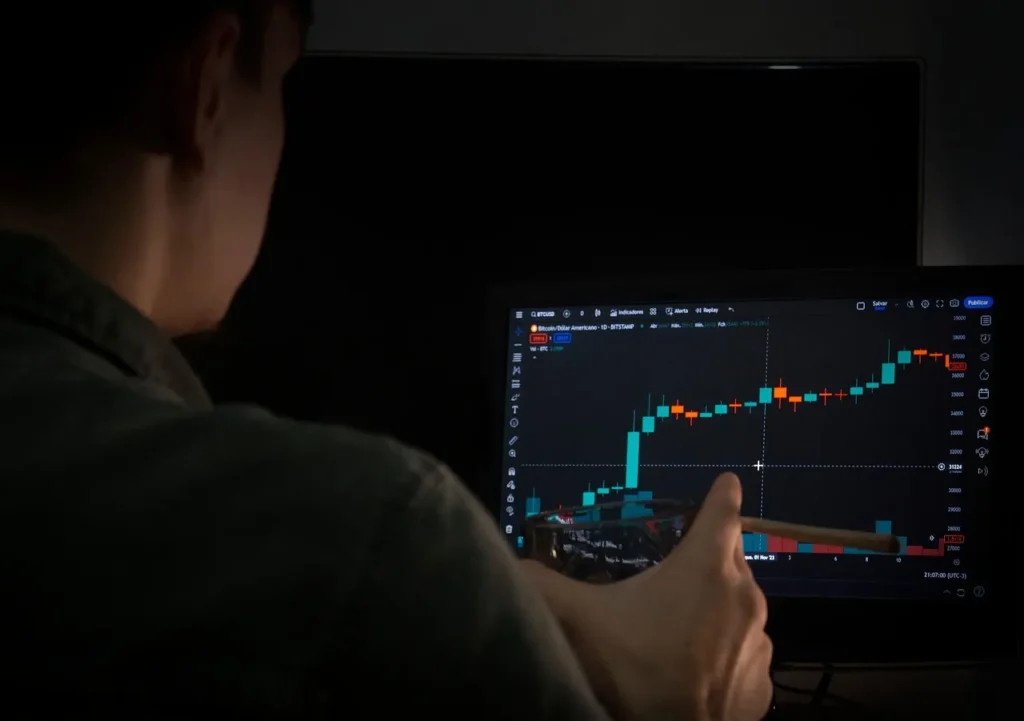 A man sitting in a dark room, viewed from behind, intently studying a computer monitor displaying a financial candlestick chart, representing the process of learning about virtual investing and online trading.