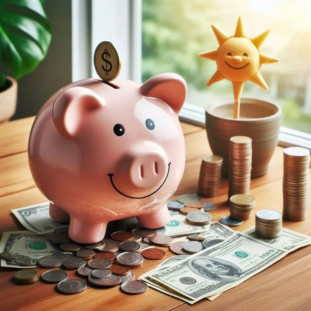 Piggy bank, coins, and dollar bills on a table, symbolizing financial savings.