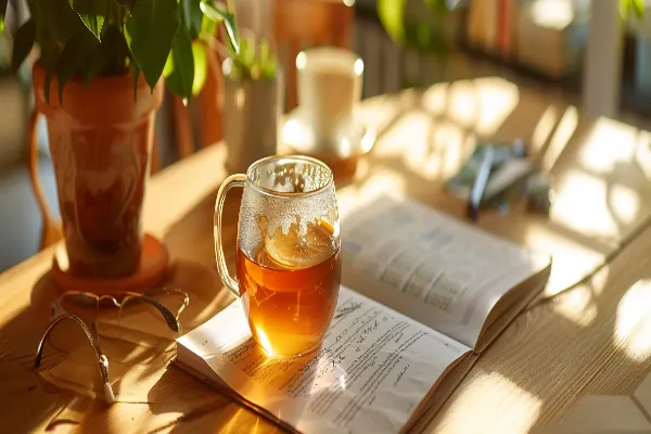 book and tea and flowers