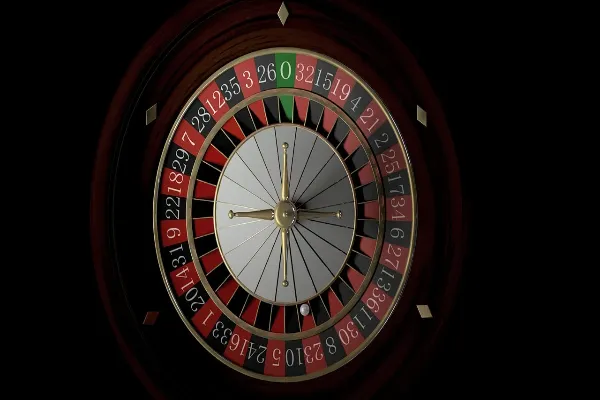 A 3D render of a roulette wheel with a small white ball at the bottom, against a dark background.
