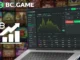 A laptop displaying cryptocurrency trading charts with the BC.Game logo and a rising bar graph, set against a background of casino game thumbnails, illustrating crypto trading on BC.Game.