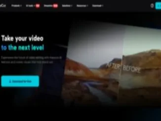 CapCut Desktop interface with "Take your video to the next level" text and a before-and-after video editing preview. A "Download for free" button is prominently displayed.