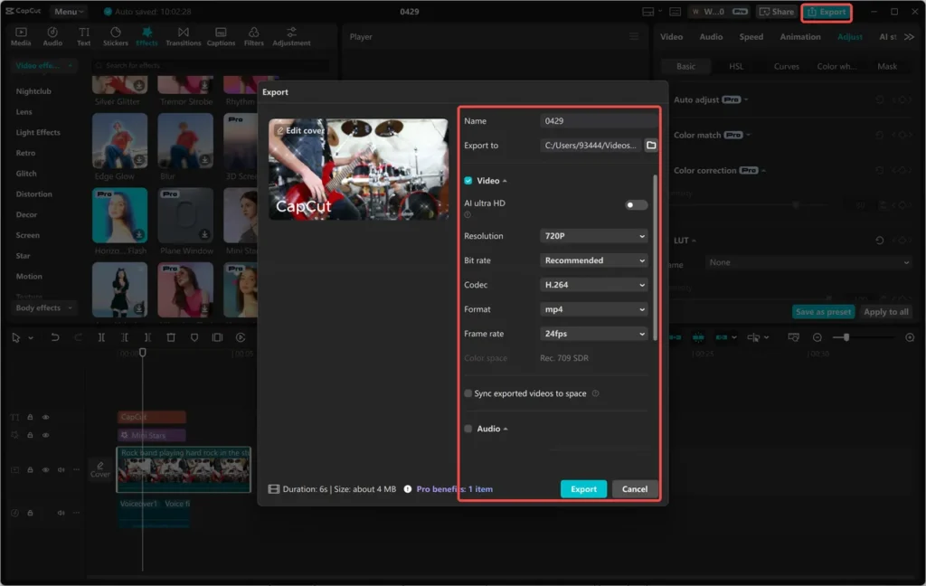 CapCut desktop software interface with the "Export" window open. The "Export" button in the top right is highlighted. Export settings for video name, save location, resolution, bit rate, codec, format, frame rate, and audio are displayed. A watermarked video preview is on the left. "Export" and "Cancel" buttons are visible at the bottom right of the export window.