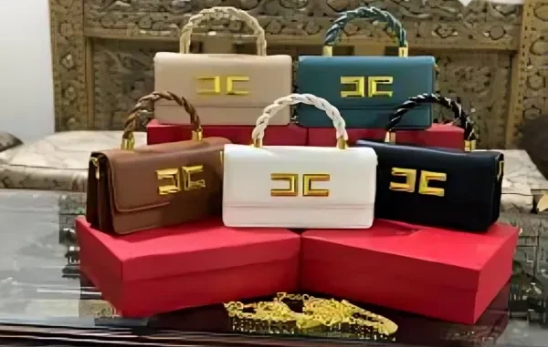 Collection of Elisabetta Franchi handbags in beige, teal, white, black, and brown with gold logos.