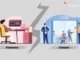 Freelancers vs. Agencies: A visual comparison for web development services. On the left, a person is working at a desk, representing freelancers. On the right, a team is working in an office, representing agencies.