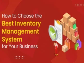 Warehouse worker standing beside boxes and bags with text overlay about choosing the best inventory management system