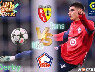 Joueur de football de Lille frappant le ballon pendant le derby contre Lens.