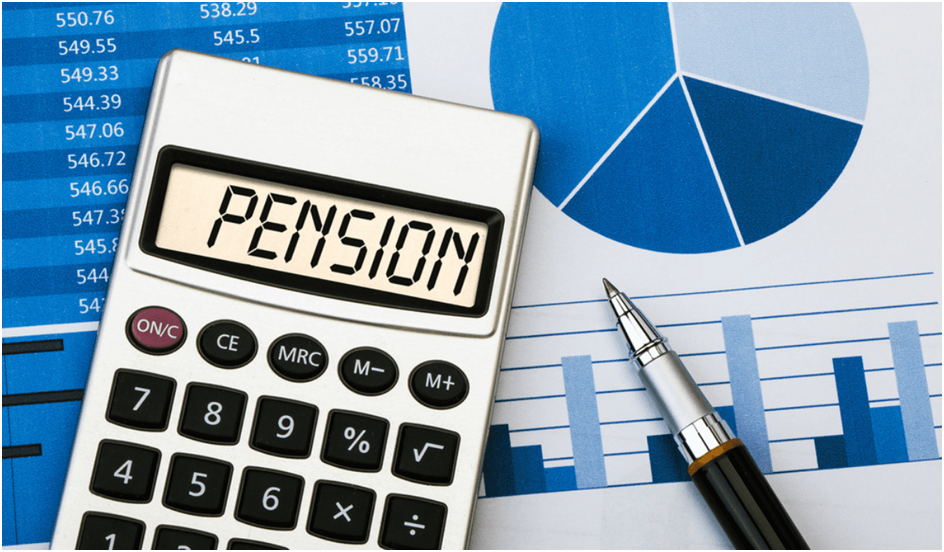 Pension planning concept: Calculator displaying "PENSION" with financial graphs and analysis in the background.