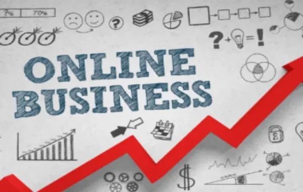 Starting an Online Business with No Capital Hand-drawn business doodles with a prominent red growth arrow and the words "ONLINE BUSINESS" in the center, representing starting an online business without capital.