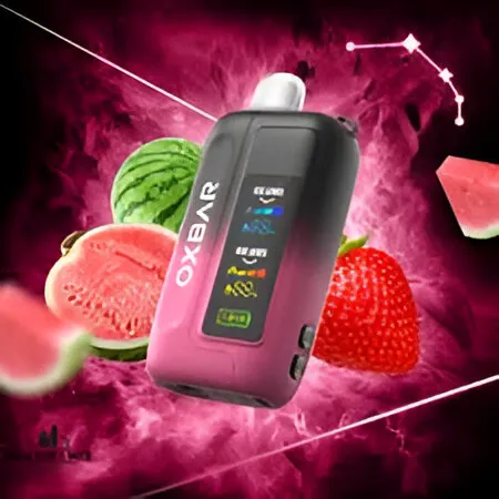 Oxbar Ice-Nic Strawberry Watermelon disposable vape showing its screen and a vibrant graphic background with strawberries and watermelon slices.