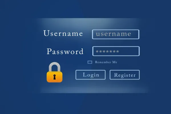 Digital login screen with username, password fields, and a padlock icon.