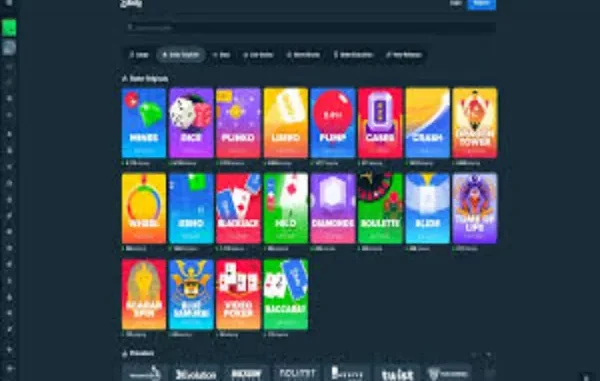 Stake Casino App Game Selection Interface Screenshot of the Stake casino app interface displaying a wide variety of online gambling games like Dice, Plinko, Limbo, Crash, and various card and roulette games, showcasing a user-friendly layout.
