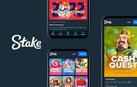 Multiple mobile phone screens showing the Stake app interface with various casino games and promotional offers, including "Daily Races" and "Cash Quest," highlighting the mobile gaming experience.