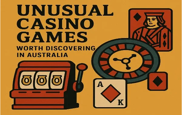Unusual Casino Games Australia Cover Illustration for "Unusual Casino Games Worth Discovering in Australia" featuring a red slot machine, a roulette wheel, and two playing cards (Queen of Diamonds and Ace of Diamonds) on an orange background.