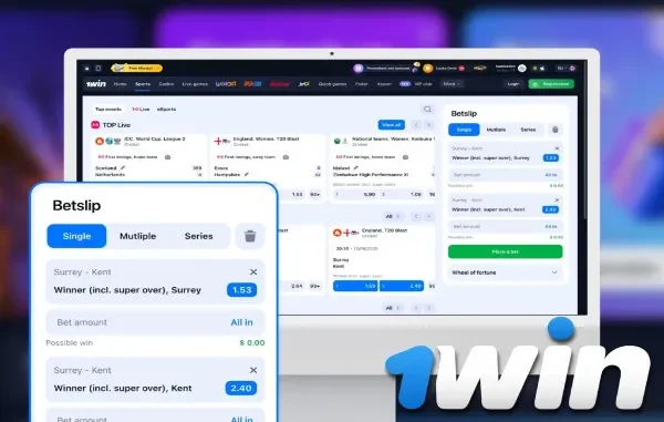 Mastering Cricket Betting: A Guide to Winning with 1win Laptop displaying the 1win online betting platform with a cricket match selected for betting, showing a bet slip with options for Surrey vs. Kent.