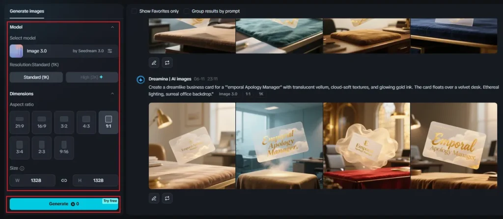 A screenshot of a "Dreamina | AI Images" interface, showcasing various AI-generated business card designs for a "Temporal Apology Manager." The cards, with a translucent vellum and cloud-soft texture, float above velvet desks in an ethereal, sunlit office backdrop. The left panel, highlighted, shows settings for image generation, including "Model" (Image 3.0 selected), "Resolution: Standard (1K)", and "Dimensions" with a selected "1:1" aspect ratio and "W 1328 H 1328" pixels. A "Generate" button is at the bottom of the left panel.