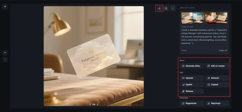 A screenshot of a "Dreamina | AI Images" interface showing a single AI-generated business card for a "Temporal Apology Manager." The card, transparent with a cloud-like texture and gold ink, floats above a velvet-covered desk with a blurred office background. The right panel, highlighted, displays various editing options under "More" and "Edit" sections, including "Generate video," "Edit on canvas," "HD Upscale," "Retouch," "Inpaint," "Expand," and "Remove." A download icon is visible at the top of the right panel.