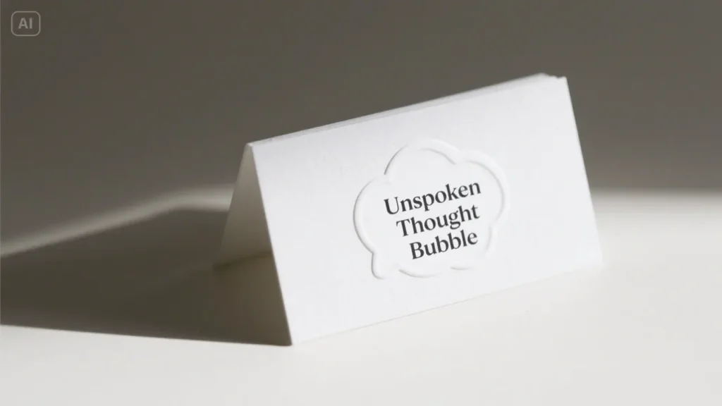 A white, folded business card standing upright, casting a shadow on a light surface. The card features an embossed outline of a thought bubble with the words "Unspoken Thought Bubble" printed inside, in a subtle gray font. A small "AI" logo is visible in the top left corner of the image.