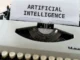 A vintage white typewriter with a piece of paper inserted that reads "ARTIFICIAL INTELLIGENCE" in bold black letters.
