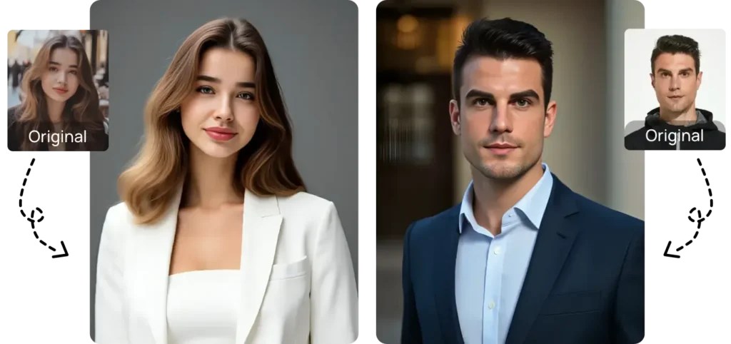 A side-by-side comparison showing how AI changes clothing. On the left, a small "Original" image of a woman's face transforms into a full-body image of a woman in a white blazer. On the right, a small "Original" image of a man's face transforms into a full-body image of a man in a blue suit.