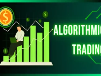 Stylized illustration depicting algorithmic trading: A person sits with a laptop amidst rising green bar charts, dollar signs, and upward-trending lines, with the words 'ALGORITHMIC TRADING' prominently displayed on a gradient green and black background.