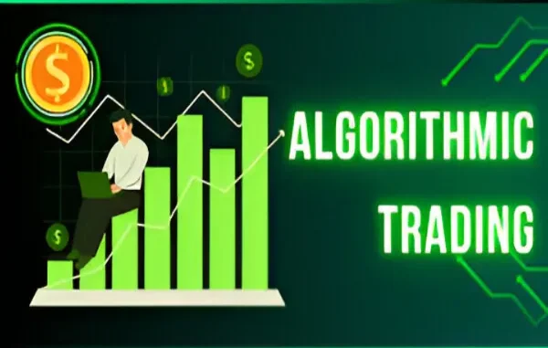 The Rise of Algorithmic Trading in Forex Stylized illustration depicting algorithmic trading: A person sits with a laptop amidst rising green bar charts, dollar signs, and upward-trending lines, with the words 'ALGORITHMIC TRADING' prominently displayed on a gradient green and black background.