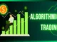 Stylized illustration depicting algorithmic trading: A person sits with a laptop amidst rising green bar charts, dollar signs, and upward-trending lines, with the words 'ALGORITHMIC TRADING' prominently displayed on a gradient green and black background.