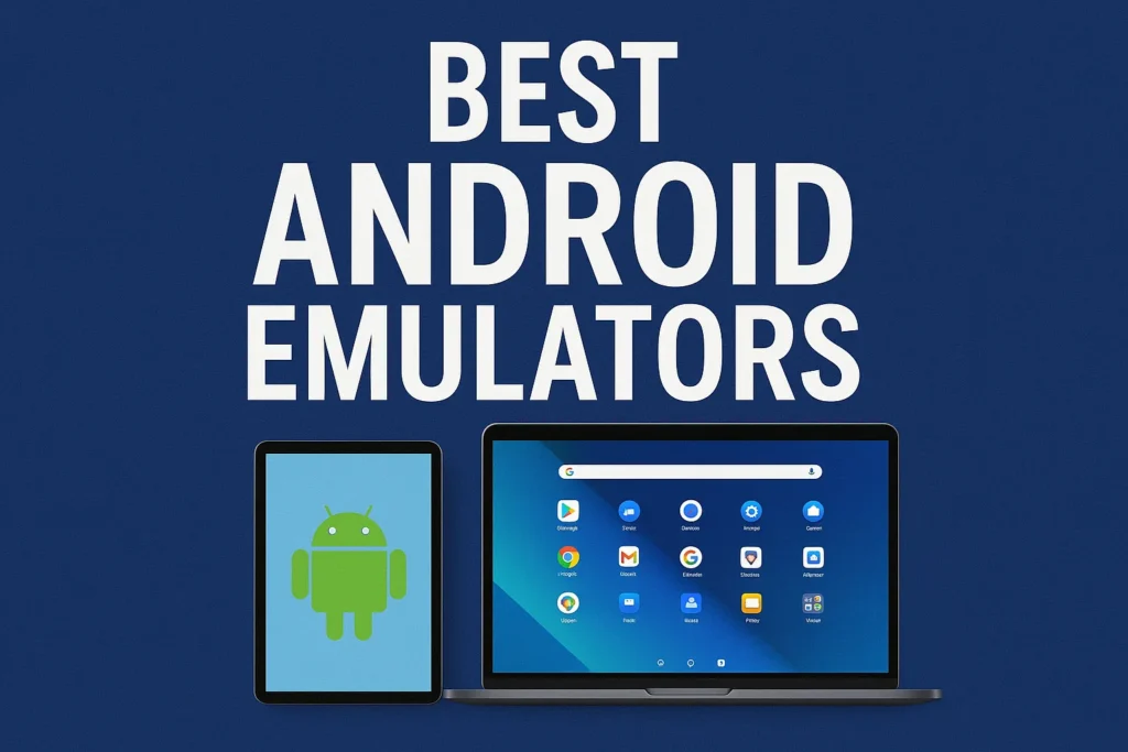 Modern devices running Android emulator apps with bold title highlighting best emulators of 2025