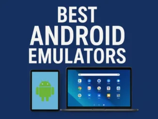 Tablet and laptop displaying Android interfaces beneath 'Best Android Emulators' title on a blue background