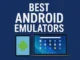 Tablet and laptop displaying Android interfaces beneath 'Best Android Emulators' title on a blue background