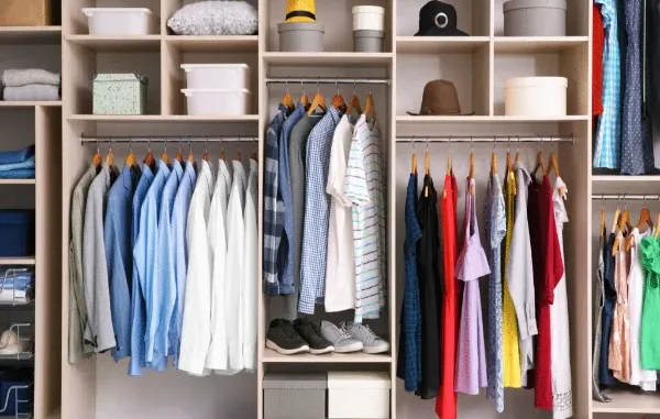 Singapore Shopping Guide: Bringing British Fashion to Your Wardrobe A well-organized wardrobe displaying a mix of smart casual and colorful clothing on hangers and shelves, with hats and storage boxes neatly arranged.