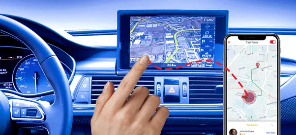 A hand interacts with a car's built-in navigation screen showing a map, with a smartphone displaying a taxi dispatch app and route on the right.