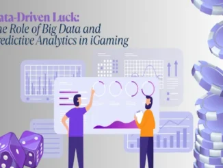 An illustration depicting the intersection of data analysis and online gaming, featuring analysts interacting with charts and graphs, dice, and casino chips.