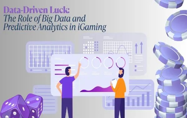 Big Data and Predictive Analytics in iGaming An illustration depicting the intersection of data analysis and online gaming, featuring analysts interacting with charts and graphs, dice, and casino chips.